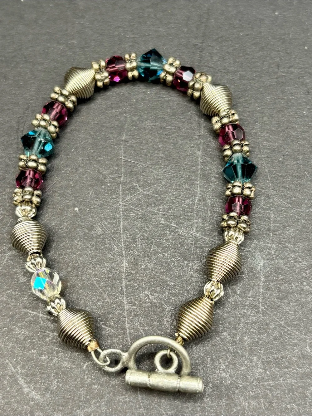 Glass Crystal Beaded Toggle Bracelet Purple Teal AB 7